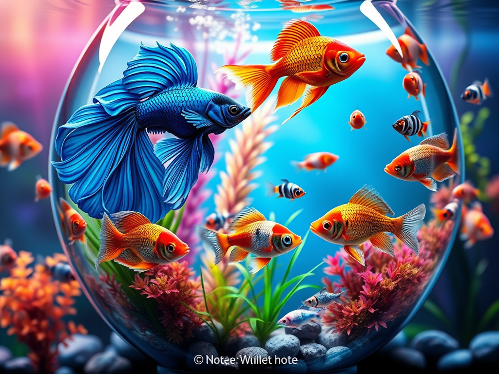 A vibrant display of fish that thrive in glass bowls, featuring Betta fish with vivid colors, Comet Goldfish swimming gracefully, lively Guppies showcasing their diverse hues, energetic Zebra Danios with their distinctive stripes, and serene White Cloud Mountain Minnows in a lush aquatic environment with plants.
