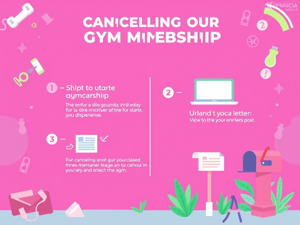 A detailed infographic illustrating the process of cancelling a Planet Fitness membership, featuring in-person cancellation steps at the home club, mail cancellation letter template, and information on online and phone cancellation options. Includes icons for membership card, identification, cancellation form, and communication with staff.